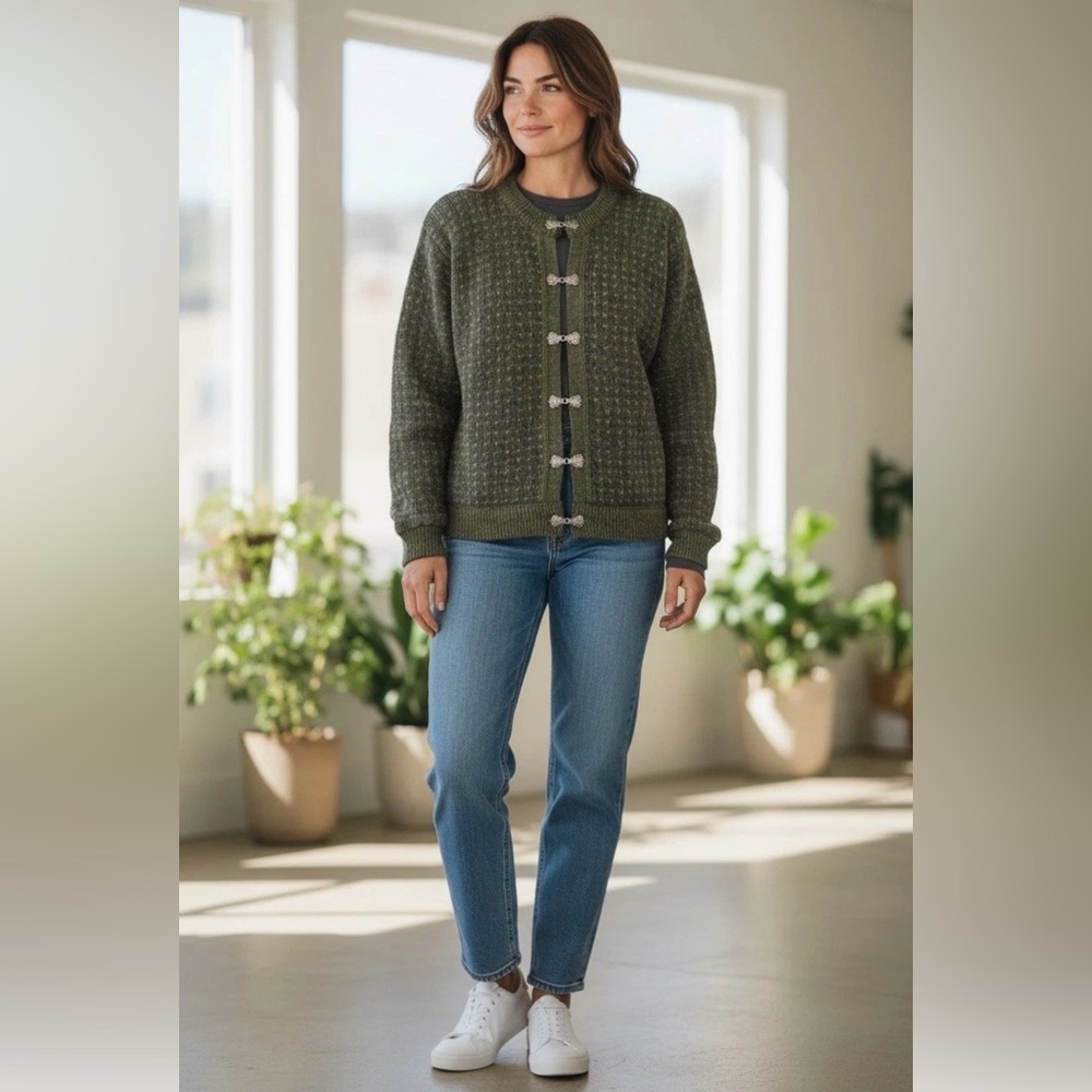 Vintage LL Bean Olive Green Wool Blend Birdseye Made in Norway Cardigan Sz M
